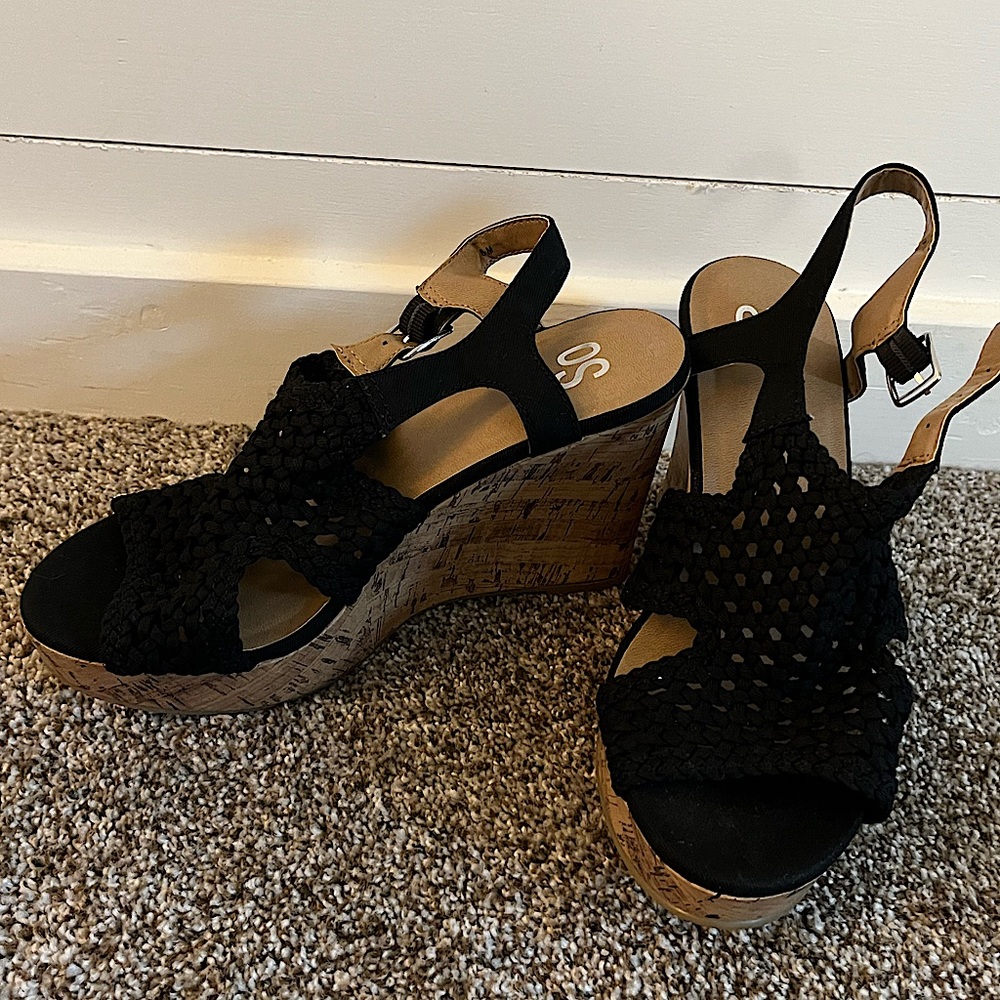 Black knit wedge cork sandals with 4in heels